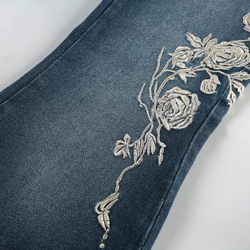 Y2K Rose Embroidered Trumpet Jeans Women Fashion Aesthetic Slim Flare Pants Vintage Blue 2000s Denim Trousers Spring