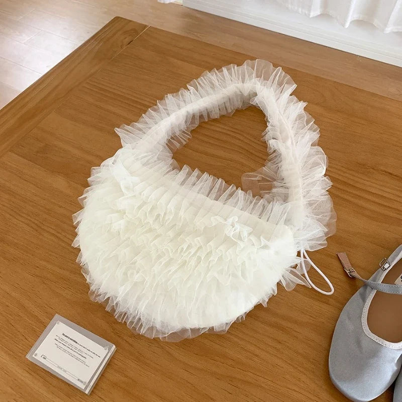 Luxury Design Ruffles Pleated Shoulder Underarm Bag Sweet Girls Y2k Fairy Chic Hobo Bags Mesh Women Solid Purses and Handbags