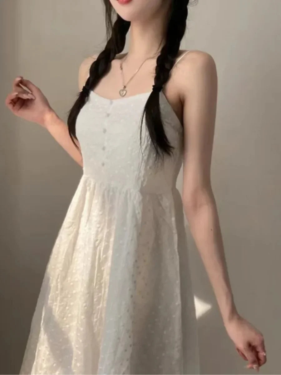 Chic Summer Age-Defying Gentle Style Square Collar Sleeveless Women's Commute Versatile Meat Concealing Dress Cotton High Waist