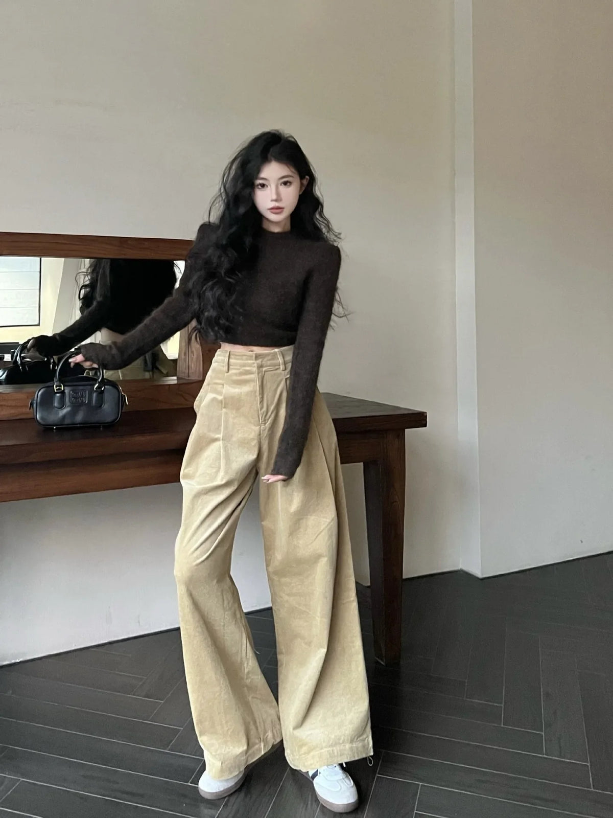 2024 Spring Autumn New Women Maillard Retro Casual Pants Pleated High Waisted Street Chic baggey Corduroy Wide Leg Long Trousers