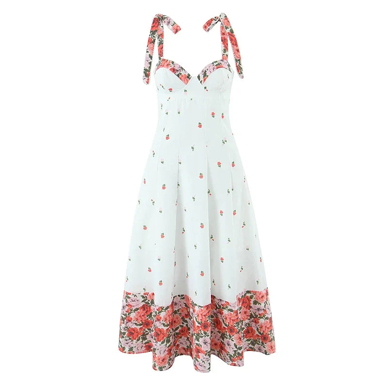 Flower Print Patchwork White Sling Elegant Dress Women Lace Up Bandage Back A-line Summer Dresses Chic Lady Holiday Robe 2025