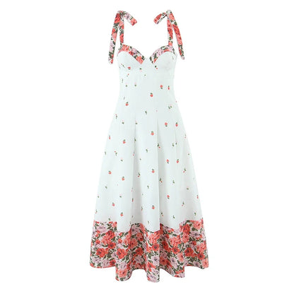 Flower Print Patchwork White Sling Elegant Dress Women Lace Up Bandage Back A-line Summer Dresses Chic Lady Holiday Robe 2025