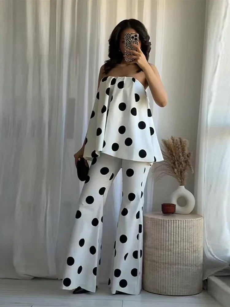 Sexy Polka Dot Women's Top Pants Sets Off Shoulder Backless Tube Top High Waist Straight Pant Female Suit Summer Lady Outfits