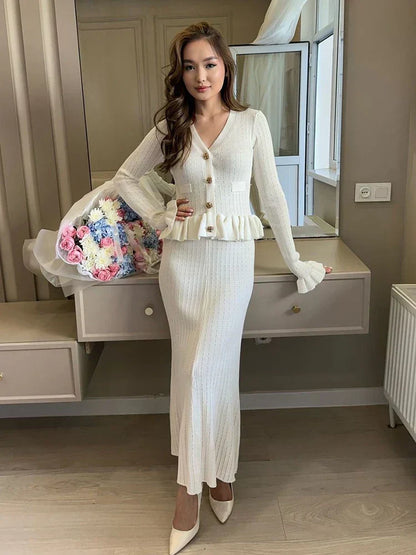 Ribbed Knit Ruffle Hem Button Front Cardigan and Mermaid Midi Skirt Set