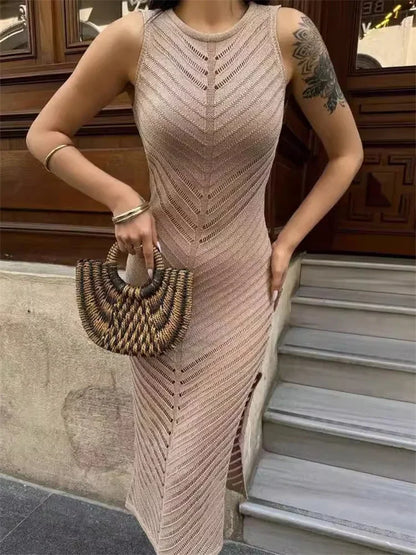 Chevron Mesh Panel Crew Neck Sleeveless Side Slit Knit Maxi Dress
