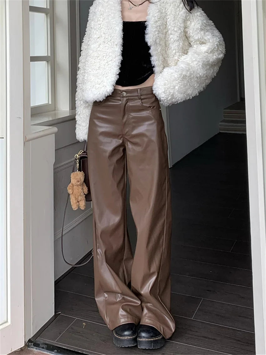 Casual Slim Faux PU Pants Women Chic Slim Autumn Office Lady High Street Fashion New Daily Fashion Loose
