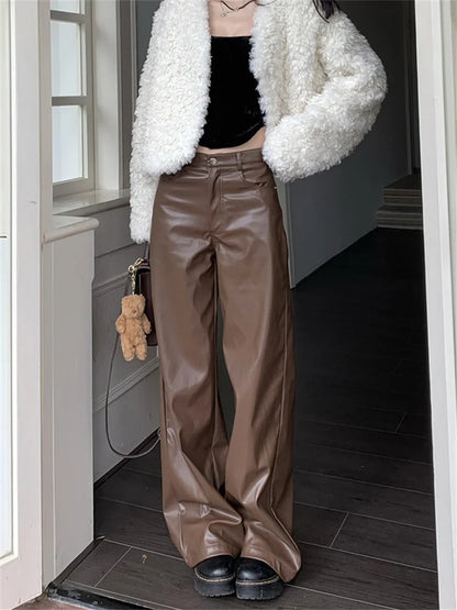 Casual Slim Faux PU Pants Women Chic Slim Autumn Office Lady High Street Fashion New Daily Fashion Loose