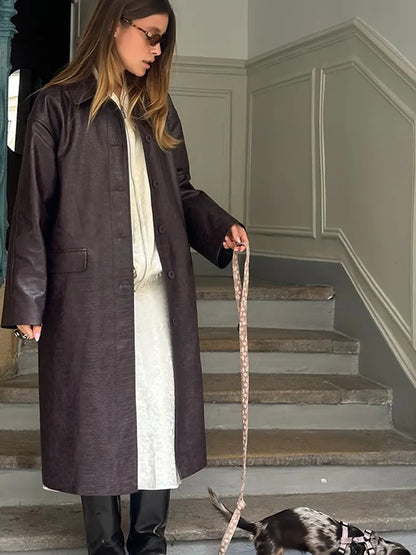 Elegant Burgundy Buttons Litchi Patterned Leather Overcoat Women Fashion Solid Flip Pockets Oversize Jacket Lady Streetwear