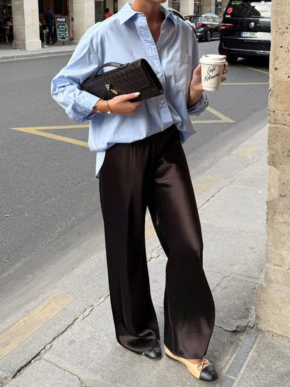 New straight leg pants with satin finish, high waisted and drooping casual pants