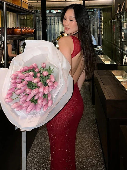 Puss Christmas Backless Sequin Dress Women Sexy Sleeveless Low-Neck Stretch Skinny Elegant Fashion Party Club Maxi Bodycon