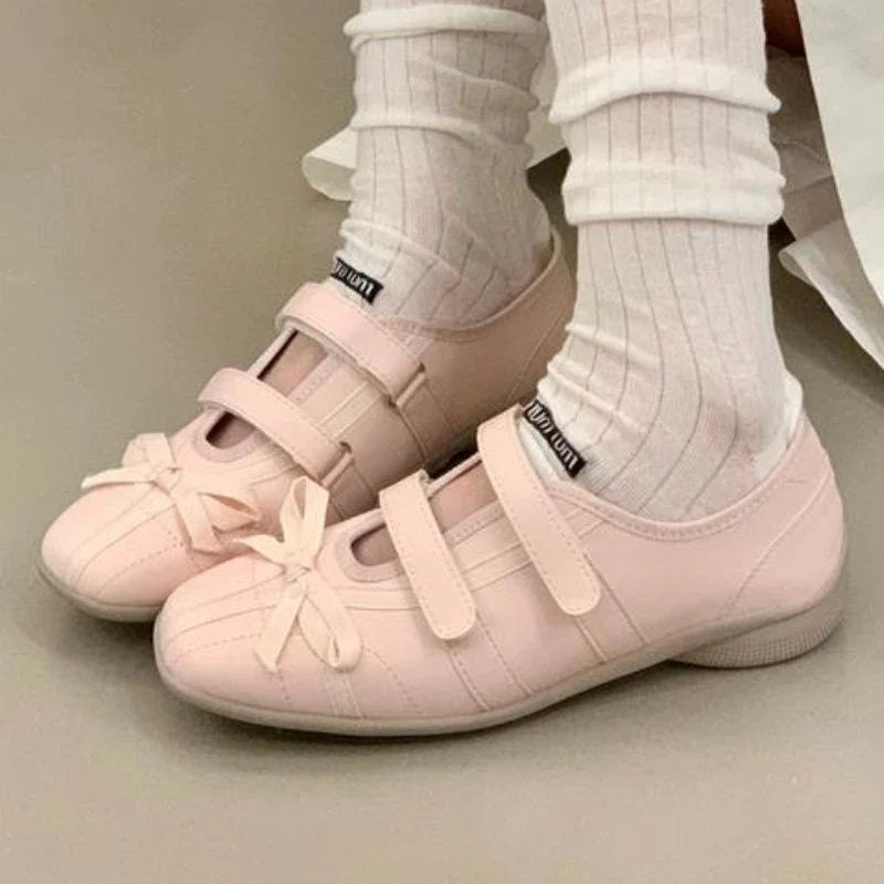 Sweet Pink Bow Ballet Flats Women Fashion Double Narrow Band Design Brand Mary Jane Shoes Comfort Round Toe Shallow Casual Shoes