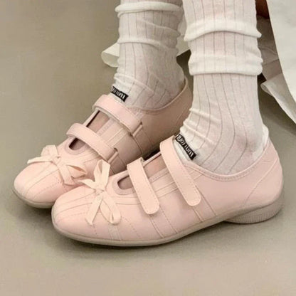 Sweet Pink Bow Ballet Flats Women Fashion Double Narrow Band Design Brand Mary Jane Shoes Comfort Round Toe Shallow Casual Shoes