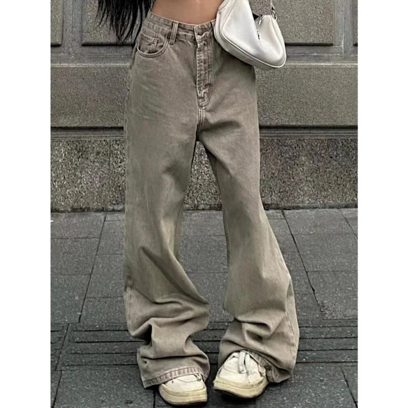 Women's Casual Retro Wide Leg Baggy Denim Trouser Harajuku Solid High Waist Loose Jeans Autumn American Vintage Pants