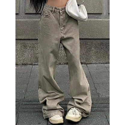 Women's Casual Retro Wide Leg Baggy Denim Trouser Harajuku Solid High Waist Loose Jeans Autumn American Vintage Pants