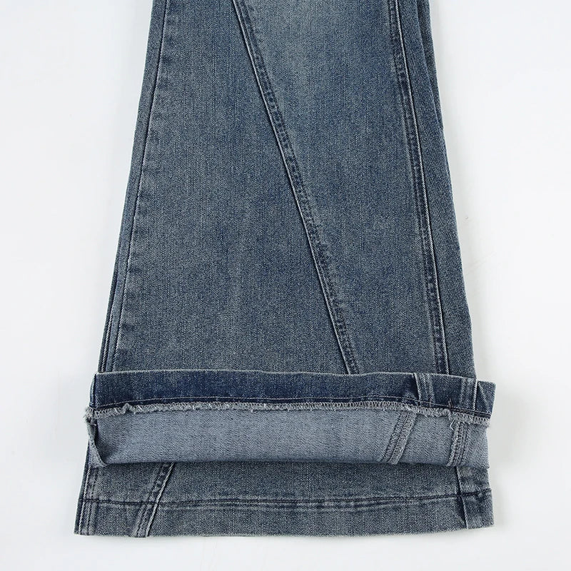 Blue Low Rise Flared Jeans Streetwear y2k Baggy Patchwork Denim Pants 90s Aesthetic Mom Jeans Korean Style Casual Pants