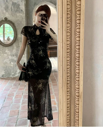 Vintage Chinese National Style Slimming Modified Cheongsam Dress Women's New Summer Chic Y2K Slim Elegant Split Long Dress