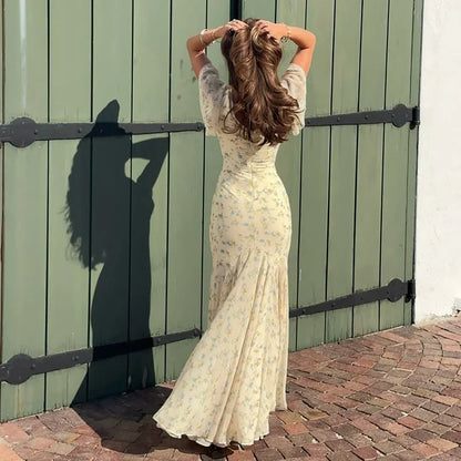 Fashion Women's Dress V-neck Short Sleeve Slim Female Print Floral Dresses Summer Sexy Elegant Holiday New Party Lady Robe