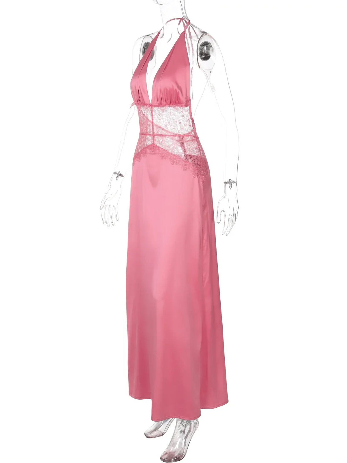 Lace Patchwork Vacation Beach Dresses for Women Summer Sexy Halter Neck Backless Long Maxi Pink Birthday Party Prom Dress