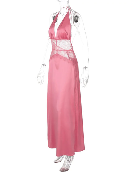 Lace Patchwork Vacation Beach Dresses for Women Summer Sexy Halter Neck Backless Long Maxi Pink Birthday Party Prom Dress