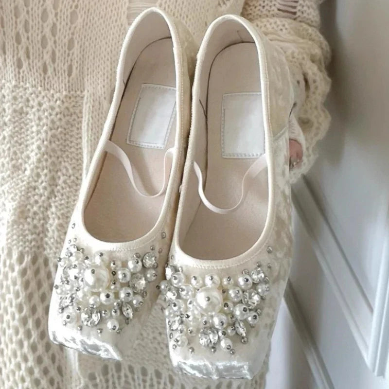 String Bead Chunky Heel Mary Jane Shoes Women Square Toe Elasticized Design Ballet Shoes Elegant Wedding Bridal Designer Pumps