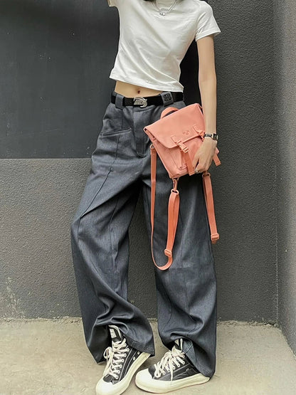 Solid Draped Wide Leg Suit Pants Women Pleated Stitch Pockets Loose High Waist Gray Casual Trousers Cleanfit OL Streetwear