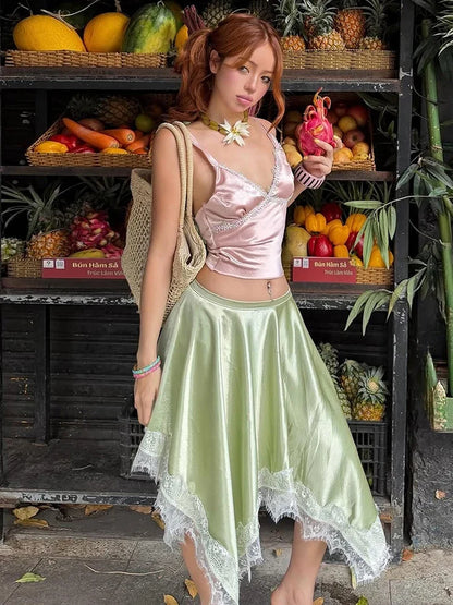 Women Hottie 2 Piece Set Lace Patchwork Low-Neck Tank Top+Irregular Hem Skirt Fashion Vacation Party Street Suits