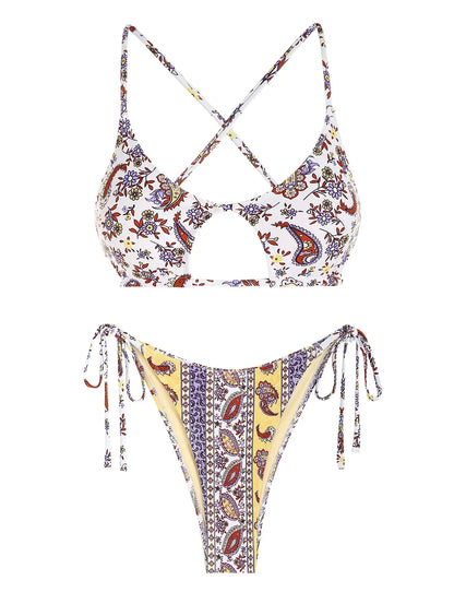 Floral Printed Ethnic Style Tie Side Criss Cross Star-shaped Bikini Swimwear