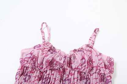 See Through Print Folds 2-Piece Set Women Backless Sleeveless Suspenders+Elasticated Waist Skirts Holiday Matching Suit