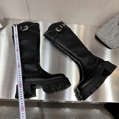 Platform Punk Women's Long Boots Fashion Back Zippers Knee High Botas Ladies Elegant Thick Bottom Shoes Winter Women's Footwear