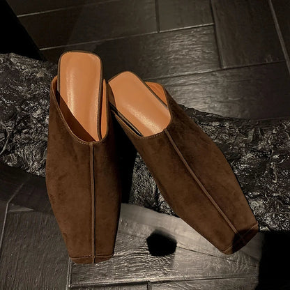 New Genuine Kid Suede Low Heels Slippers Women Covered Toe Natural Leather Casual Slippers Female Daily Walk Slippers