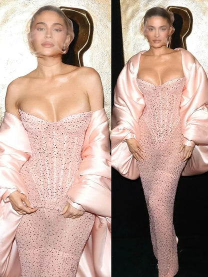 Strapless Sequin Beaded Corset Column Gown with Bubble Satin Wrap