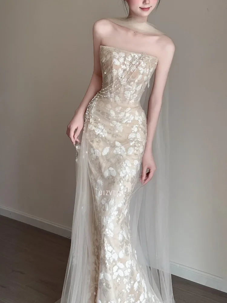 Elegant Strapless Mermaid Wedding Party Dresses Shiny Sequins Court Training Lace Decal Prom Gown Customized Vestido De Novia