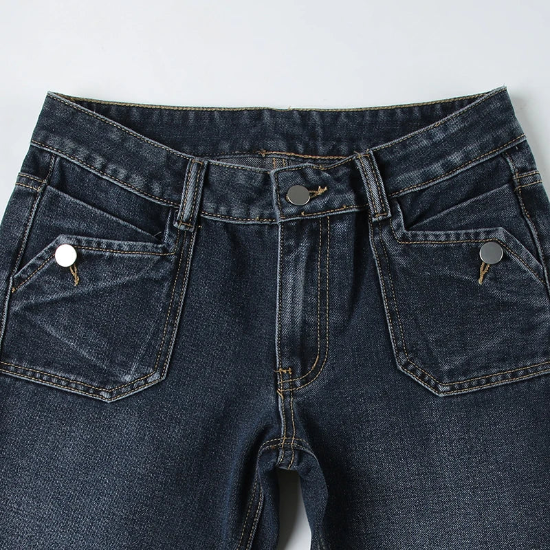Grunge Aesthetic Flare Jeans Women Retro Stylish Y2K Dark Blue Denim Pants Spring Outfits Casual Slim Trousers Ladies