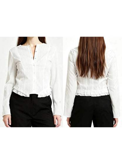 Women s Fall Striped Blouses with Long Sleeves and Round Neckline Featuring Ruffle Trim Hem and Casual Button-Up Design