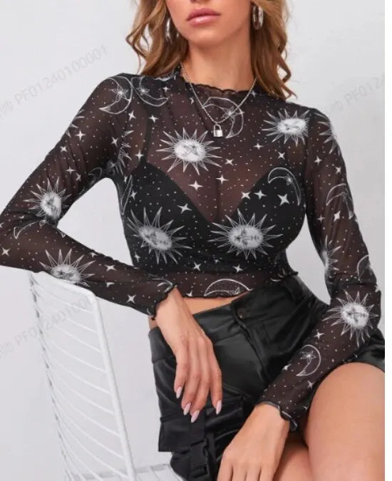 Sun & Moon Sheer Mesh Crop Sheer Top