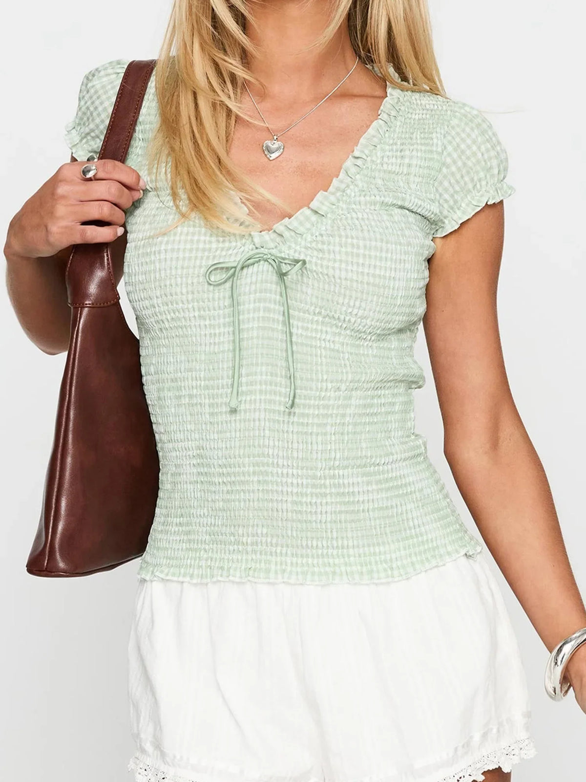 Women s Casual Summer Short Sleeve V-Neck Plaid Print Tie Front Bow T-Shirt with Fit and Streetwear Vibes