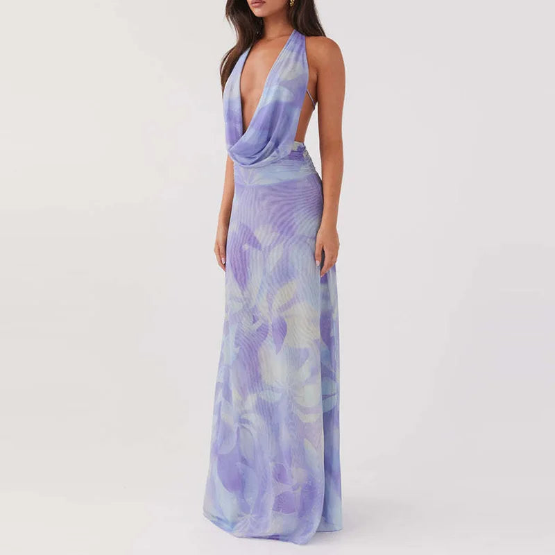 Sexy Sleeveless Printed Swinging Collar Tops&Half Skirts Sets Elegant Backless Vest High Waisted Skirts 2PC Sets Summer Outfits