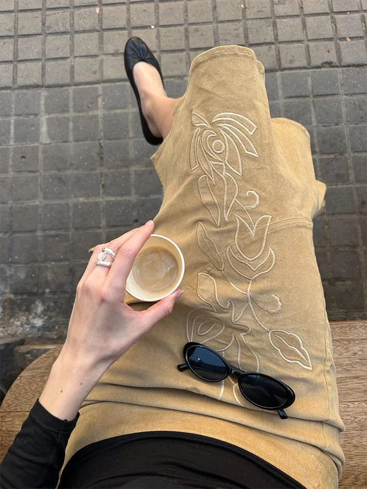 Women's Vintage Midi Skirt 2026 Summer High Waist Slim Ruffle Fishtail Skirts Party Side Slit Elegant Embroidery Skirt