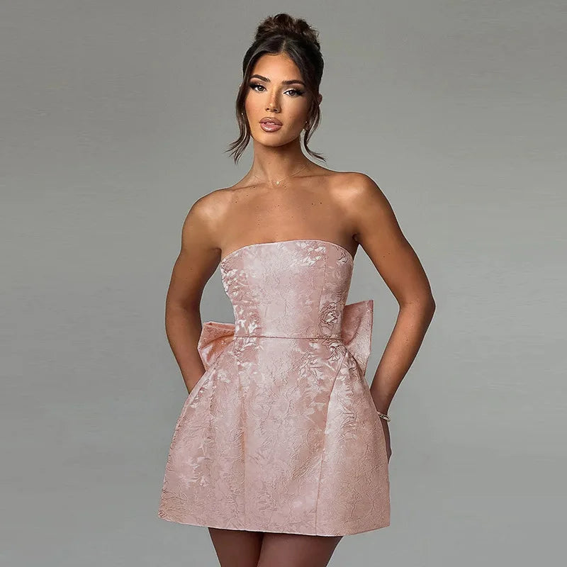 Bow Backless Jacquard A Line Mini Dress