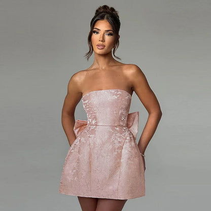 Bow Backless Jacquard A Line Mini Dress