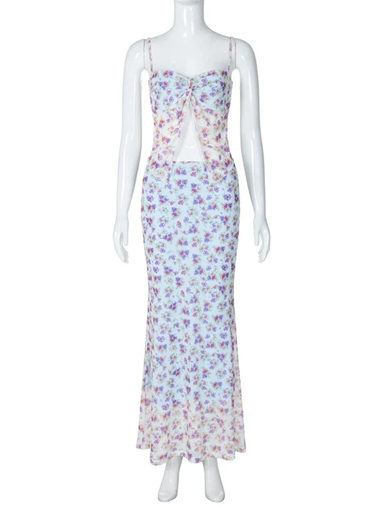 Women's Skirt Sets 90s Vintage Off Shoulder Sleeveless Tank Top with Long Skirts Y2k Elegant Two Piece Suit 2000s Clothes