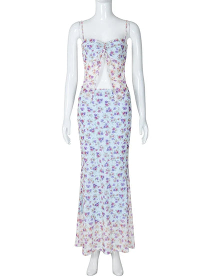 Women's Skirt Sets 90s Vintage Off Shoulder Sleeveless Tank Top with Long Skirts Y2k Elegant Two Piece Suit 2000s Clothes
