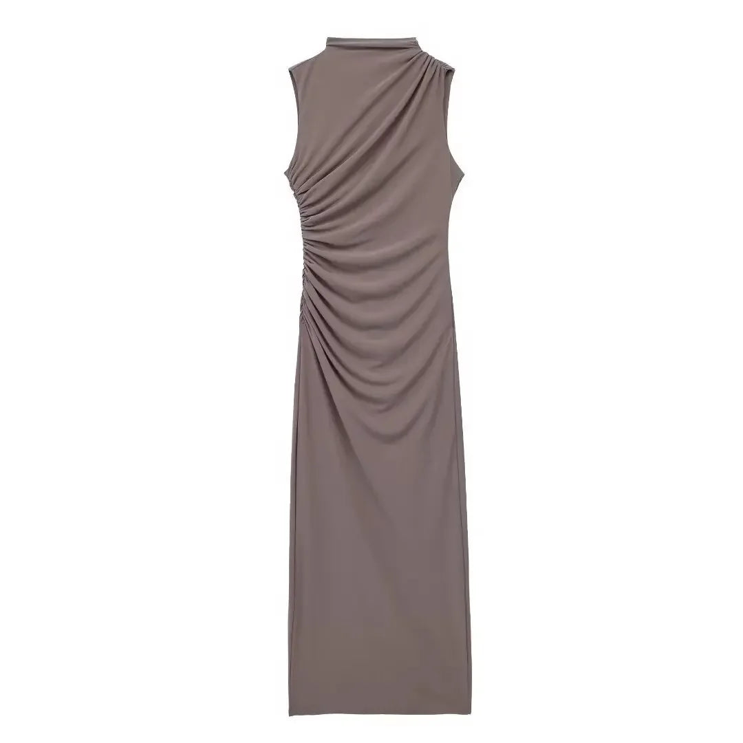 Elegant Slim Sleeveless Half High Collar Dresses Women Sexy Pleated Solid Evening Dress Female Summer New 2024 White Party Robe