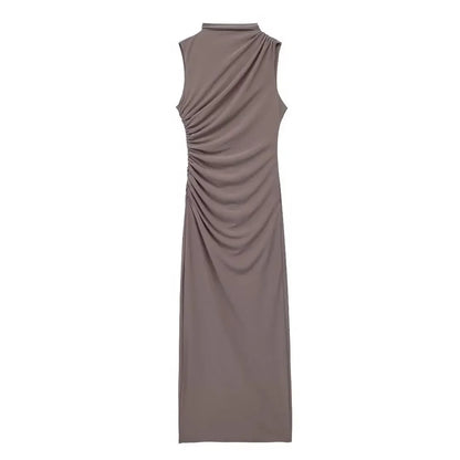 Elegant Slim Sleeveless Half High Collar Dresses Women Sexy Pleated Solid Evening Dress Female Summer New 2024 White Party Robe