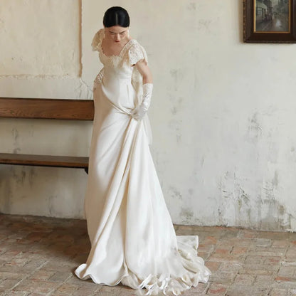 Light Boho Wedding Dress Sexy Backless Short Sleeve Simple Wedding Party Dress Satin Vestidos De Novias 2024
