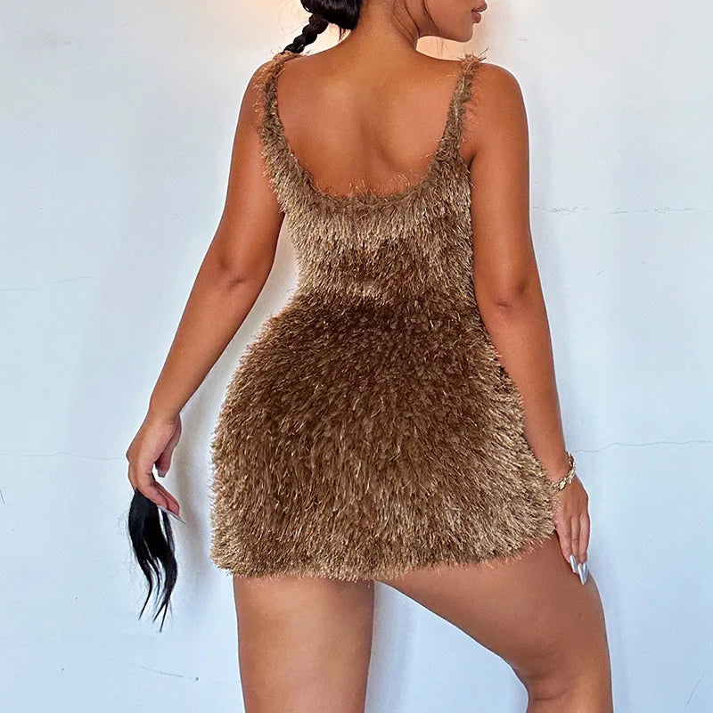Fur Sexy Backless Mini Wrap Dress Solid Luxury Women Club Party Outfit Casual Spaghetti Cloth Female Elastic Bodycon Dress