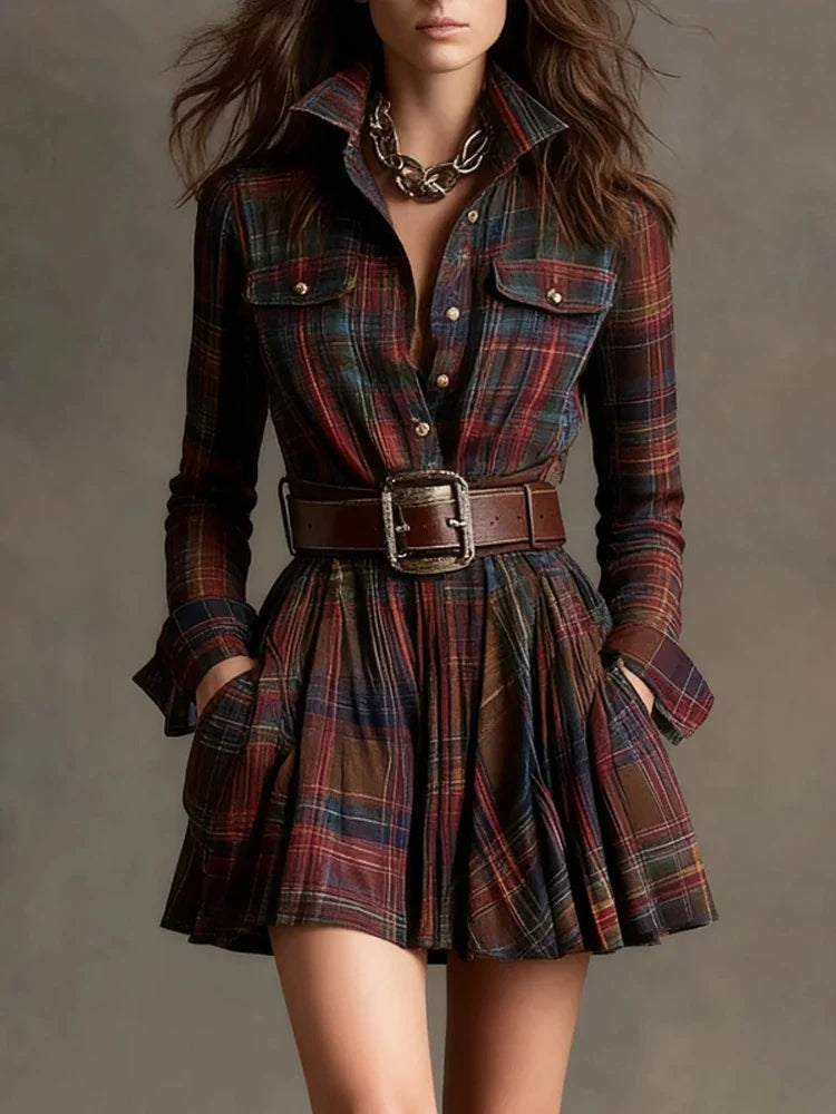 Vintage Commute Stripe Printed Pocket Dress Elegant Lapel Long Sleeve Pleated Mini Dress Temperament High Waist Slim Party Dress