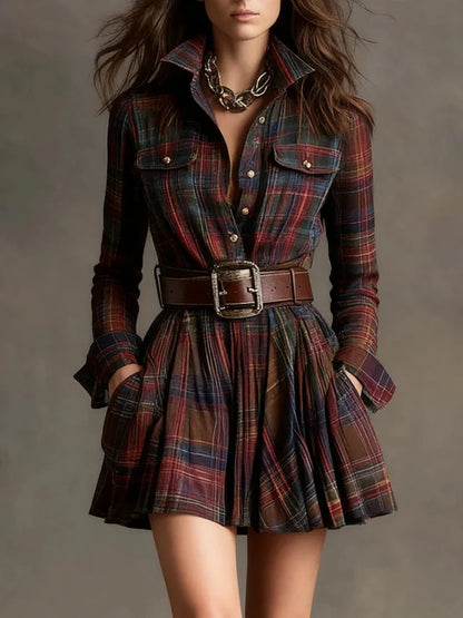Vintage Commute Stripe Printed Pocket Dress Elegant Lapel Long Sleeve Pleated Mini Dress Temperament High Waist Slim Party Dress