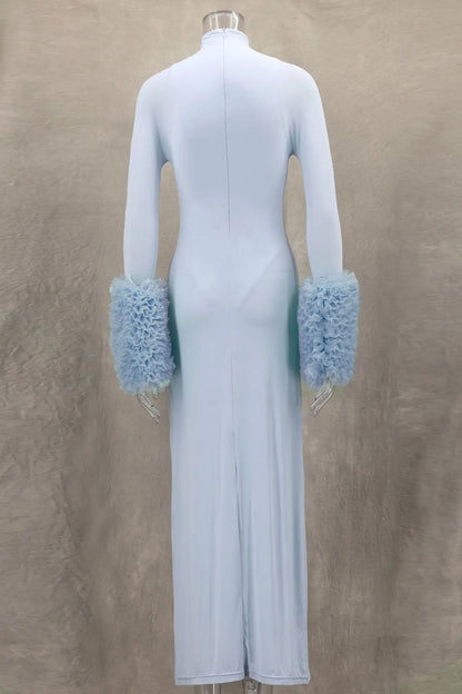 Mock Neck Ruffle Cuff Long Sleeve Bodycon Maxi Dress