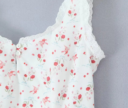 Sweet Girl French Style Floral Print Sleeveless Dress Women Lace Spliced A-line Summer Mini Dress Holiday Robe Vestidos